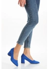 Kadın Saks Mavi  Süet  Stiletto Kısa Kalın Topuklu Şık Stiletto