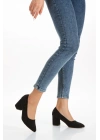 Kadın Siyah  Süet  Stiletto Kısa Kalın Topuklu Şık Stiletto