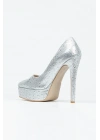 Kadın Gümüş inci Taşlı Yüksek Platform Kapalı Burunlu İnce Topuklu Rahat ve Şık Ayakkabı