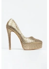 Kadın Altın İnci Taşlı Yüksek Platform  Kapalı  Burunlu  İnce Topuklu Rahat ve Şık Ayakkabı