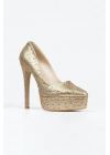 Kadın Altın İnci Taşlı Yüksek Platform  Kapalı  Burunlu  İnce Topuklu Rahat ve Şık Ayakkabı
