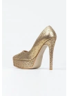 Kadın Altın İnci Taşlı Yüksek Platform  Kapalı  Burunlu  İnce Topuklu Rahat ve Şık Ayakkabı