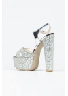 Kadın Gümüş İnci Taşlı Yüksek Platform Arkası Açık Kalın Topuklu Rahat ve Şık Abiye Ayakkabı