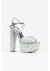 Kadın Gümüş İnci Taşlı Yüksek Platform Arkası Açık Kalın Topuklu Rahat ve Şık Abiye Ayakkabı