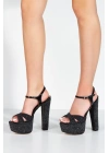 Kadın Siyah İnci Taşlı Yüksek Platform Arkası Açık Kalın Topuklu Rahat ve Şık Abiye Ayakkabı