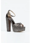 Kadın Platin Damla Taşlı Yüksek Platform Arkası Kapalı Kalın Topuklu Rahat ve Şık Abiye Ayakkabı