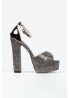 Kadın Platin Damla Taşlı Yüksek Platform Arkası Kapalı Kalın Topuklu Rahat ve Şık Abiye Ayakkabı