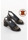 Kadın Siyah Hakiki Deri Şık Toka  Detaylı Kalın Topuklu Yazlık Sandalet