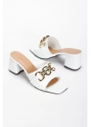 Kadın Beyaz Suni Deri Cilt  Kalın  Topuklu Şık Toka Detaylı  Rahat Terlik
