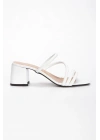 Kadın Beyaz  Suni Deri Cilt  Kalın  Topuklu Şık Biye Detaylı  Rahat Terlik