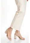 Kadın Bej Cilt Çift Bantlı Bilekten Bağlamalı Kalın Topuklu Yazlık Ayakkabı