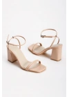 Kadın Nude Cilt Çift Bantlı Bilekten Bağlamalı Kalın Topuklu Yazlık Ayakkabı