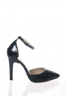 Kadın Siyah Rugan Arkası Kapalı Kısa İNCE Topuklu Sivri Burunlu Şık Desenli Stiletto