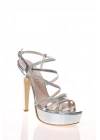 Kadın Gümüş Rugan Yüksek Platform İnce Topuklu Şık Taş Detaylı Abiye Ayakkabı