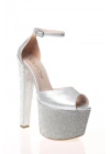 Kadın Gümüş  Taşlarla Bezenmiş Yüksek Platform ve Yüksek Topuklu Arkası Kapalı  Şık Abiye Ayakkabı