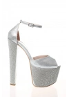 Kadın Gümüş  Taşlarla Bezenmiş Yüksek Platform ve Yüksek Topuklu Arkası Kapalı  Şık Abiye Ayakkabı