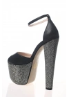 Kadın Siyah Taşlarla Bezenmiş Yüksek Platform ve Yüksek Topuklu Arkası Kapalı  Şık Abiye Ayakkabı