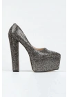 Kadın Platin  Komple Taşlarla Bezenmiş Yüksek Platform  Kapalı  Burunlu  Kalın Topuklu Şık Ayakkabı