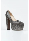 Kadın Platin  Komple Taşlarla Bezenmiş Yüksek Platform  Kapalı  Burunlu  Kalın Topuklu Şık Ayakkabı