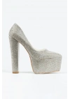 Kadın Gümüş  Komple Taşlarla Bezenmiş Yüksek Platform  Kapalı  Burunlu  Kalın Topuklu Şık Ayakkabı