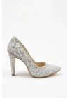 Kadın Gümüş  İnci Taşlarla Bezenmiş  İNCE Topuklu Sivri Burunlu Şık  Stiletto