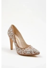Kadın Altın  İnci Taşlarla Bezenmiş  İNCE Topuklu Sivri Burunlu Şık  Stiletto