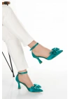 Kadın Yeşil Saten Şık Fiyonklu Kısa İnce Topuklu Sivri Burunlu Şık Stiletto Ayakkabı