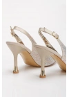 Kadın Altın Saten Damla Taşlarla Bezenmiş 8 cm İnce Galvaniz Topuklu Rahat Stiletto