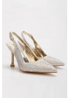 Kadın Altın Saten Damla Taşlarla Bezenmiş 8 cm İnce Galvaniz Topuklu Rahat Stiletto