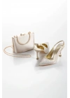 Kadın Altın Damla Taşlarla Bezenmiş 8 cm İnce Galvaniz Topuklu Rahat Stiletto ve Çanta Kombini