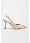 Kadın Altın Damla Taşlarla Bezenmiş 8 cm İnce Galvaniz Topuklu Rahat Stiletto ve Çanta Kombini