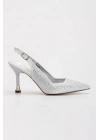 Kadın Gümüş Damla Taşlarla Bezenmiş 8 cm İnce Galvaniz Topuklu Rahat Stiletto ve Çanta Kombini