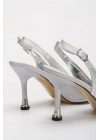 Kadın Gümüş Damla Taşlarla Bezenmiş 8 cm İnce Galvaniz Topuklu Rahat Stiletto ve Çanta Kombini