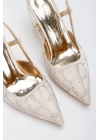 Kadın Altın Saten Desenli Taşlarla Bezenmiş 8 cm İnce Galvaniz Topuklu Rahat Stiletto
