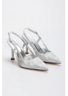 Kadın Gümüş Desenli Taşlarla Bezenmiş 8 cm İnce Galvaniz Topuklu Rahat Stiletto ve Çanta Kombini