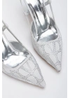 Kadın Gümüş Desenli Taşlarla Bezenmiş 8 cm İnce Galvaniz Topuklu Rahat Stiletto ve Çanta Kombini