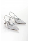 Kadın Gümüş Saten Desenli Taşlarla Bezenmiş 5 cm İnce Galvaniz Topuklu Rahat Stiletto
