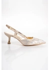 Kadın Altın Saten Desenli Taşlarla Bezenmiş 5 cm İnce Galvaniz Topuklu Rahat Stiletto