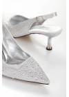 Kadın Gümüş Saten Damla Taşlarla Bezenmiş 5 cm İnce Galvaniz Topuklu Rahat Stiletto