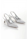Kadın Gümüş Saten Damla Taşlarla Bezenmiş 5 cm İnce Galvaniz Topuklu Rahat Stiletto
