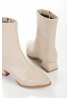 Kadın Bej Suni Deri Cilt Sivri Burunlu Kalın Topuklu Rahat Kışlık Bot