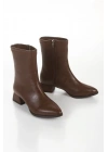Kadın Kahve Suni Deri Cilt Sivri Burunlu Kalın Topuklu Rahat Kışlık Bot