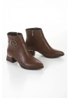 Kadın Kahve Sivri Burunlu Galvaniz Kalın Topuklu Şık Fiyonk Detaylı Rahat Kışlık Bot