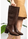 Kadın Kahve Suni Deri Cilt Küt Burunlu Kalın Topuklu Rahat Çizme