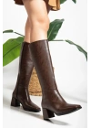 Kadın Kahve Suni Deri Cilt Küt Burunlu Kalın Topuklu Rahat Çizme