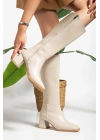 Kadın Bej Suni Deri Cilt Küt Burunlu Kalın Topuklu Rahat Çizme