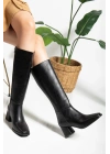 Kadın Siyah Suni Deri Cilt Küt Burunlu Kalın Topuklu Rahat Çizme