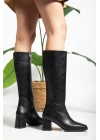 Kadın Siyah Suni Deri Cilt Küt Burunlu Kalın Topuklu Rahat Çizme