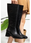 Kadın Siyah Suni Deri Cilt Küt Burunlu Kalın Topuklu Rahat Çizme