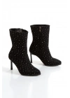 Kadın Siyah Şık Gümüş Parlak Taşlı İnce Topuklu Rahat Bot
